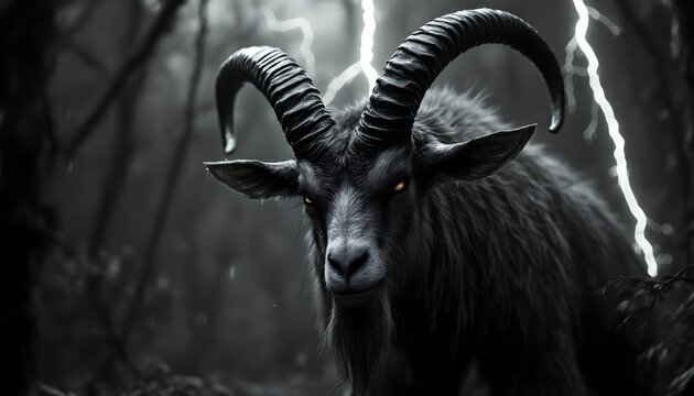Mystical Black Goat with Horns in Dark Forest with Lightning
