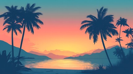 Silhouetted palm trees on tropical beach at sunset.