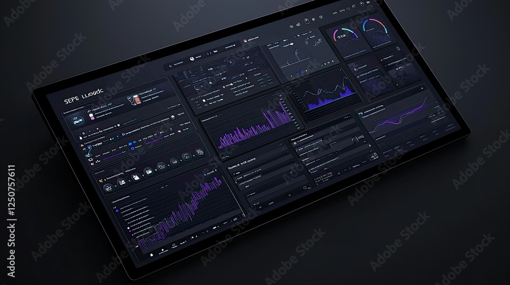 Poster modern data dashboard interface on a tablet with dark theme