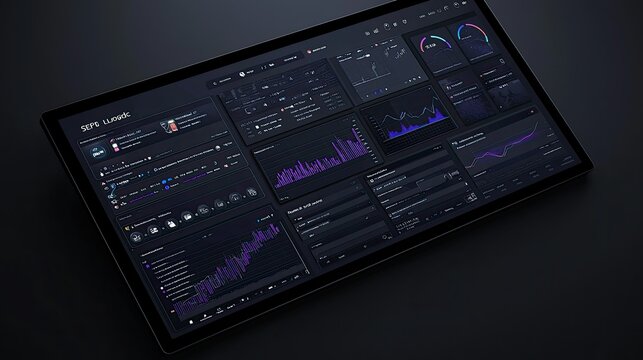 Modern Data Dashboard Interface on a Tablet with Dark Theme