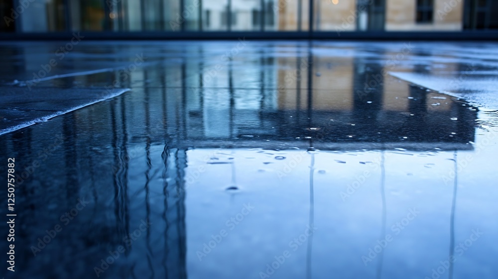 Poster reflection of modern architecture on wet pavement showcasing a serene urban scene after rain : gener