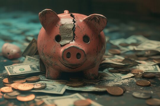 Broken piggy bank showing financial crisis and bankruptcy
