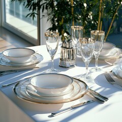 Fototapeta premium Elegant table setting with fine china and crystal glasses modern dining room lifestyle photography bright and airy environment close-up view sophisticated dining experience