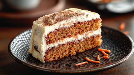 Slice of carrot cake with cream cheese frosting on dark plate, close-up
