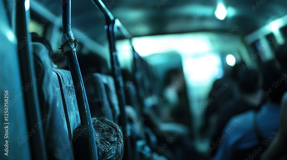 Aufkleber interior of a crowded bus with people seated and dim lighting creating an urban atmosphere : generat
