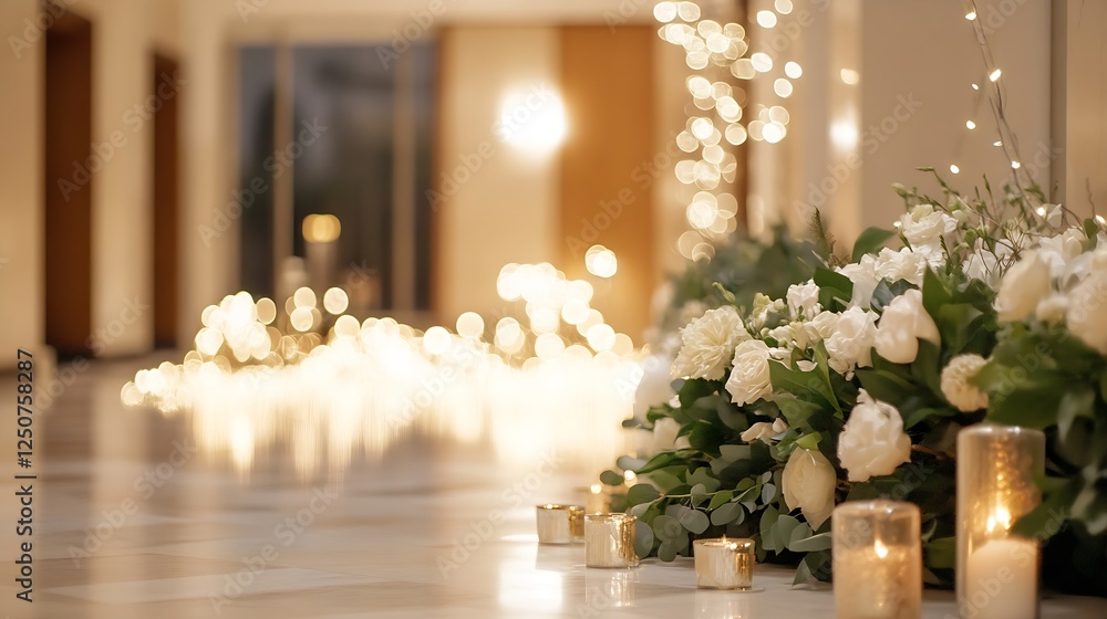 Poster elegant floral arrangement with glowing candles and soft lights creating a romantic ambiance in a ha