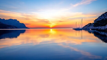 Obraz premium Breathtaking sunset reflecting over calm waters with sailing boats in a serene harbor landscape : Generative AI