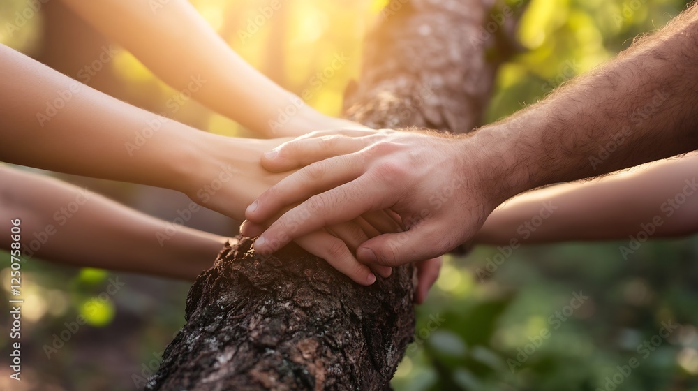 Poster Hands of diverse individuals united on a tree trunk symbolizing teamwork and collaboration in nature : Generative AI