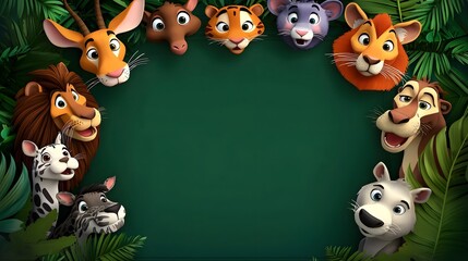Vibrant and whimsical 3D featuring a decorative jungle themed frame encapsulating a collection of cute and playful safari animals against a lush tropical background