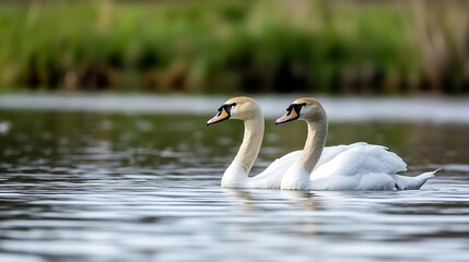 Obraz premium Elegant pair of swans gracefully gliding across a serene lake reflecting stunning natural beauty : Generative AI