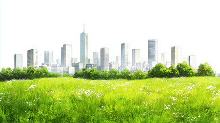 Fototapeta premium Lush green park landscape with grassy field, trees, and modern skyscrapers on white background. Open meadow and office buildings in the distance, perfect for eco-friendly and cityscape concepts.