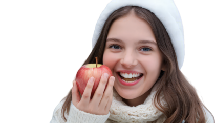 A cozy winter scene featuring a child holding a shiny red apple, evoking feelings of warmth and healthy choices during the colder months. Transparent background
