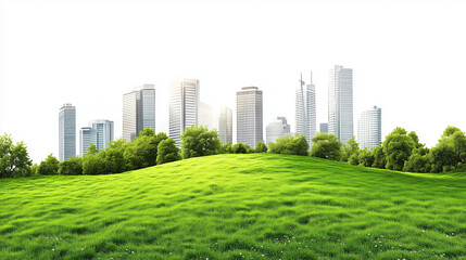 Obraz premium Lush green park landscape with grassy field, trees, and modern skyscrapers on white background. Open meadow and office buildings in the distance, perfect for eco-friendly and cityscape concepts.