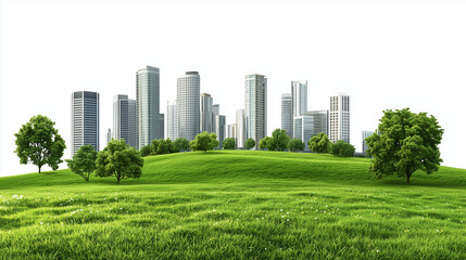 Obraz premium Lush green park landscape with grassy field, trees, and modern skyscrapers on white background. Open meadow and office buildings in the distance, perfect for eco-friendly and cityscape concepts.