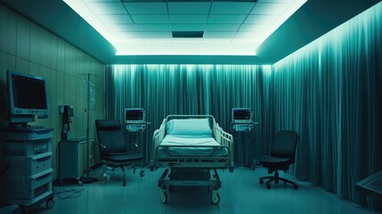 Modern Hospital Room with Medical Equipment and Ambient Lighting