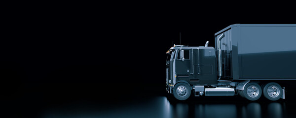 Realistic black Truck with a trailer on dark background. Side view. Copy Space. 3D illustration