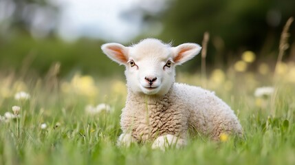 Fototapeta premium Adorable Little Lamb Sitting on Green Grass Surrounded by Flowers and Nature : Generative AI