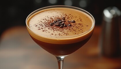 Here's a description for a microstock website: Close-up of espresso martini garnished with coffee beans and cocoa powder. Perfect for menus, coffee shops, or cocktail websites.