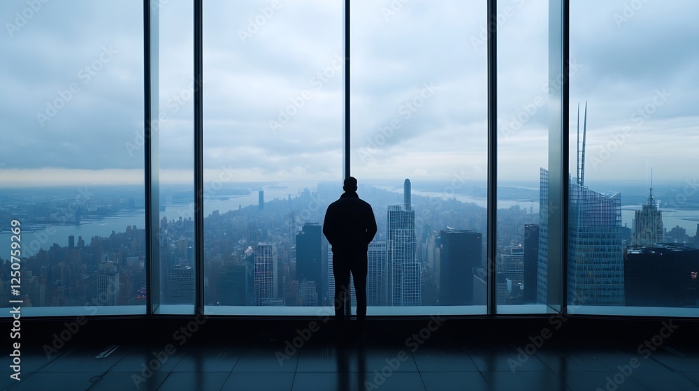 Poster silhouette of a person gazing at the new york city skyline through large windows during twilight hou