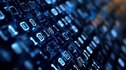 Closeup view of digital circuit board with binary code representing technology and innovation : Generative AI