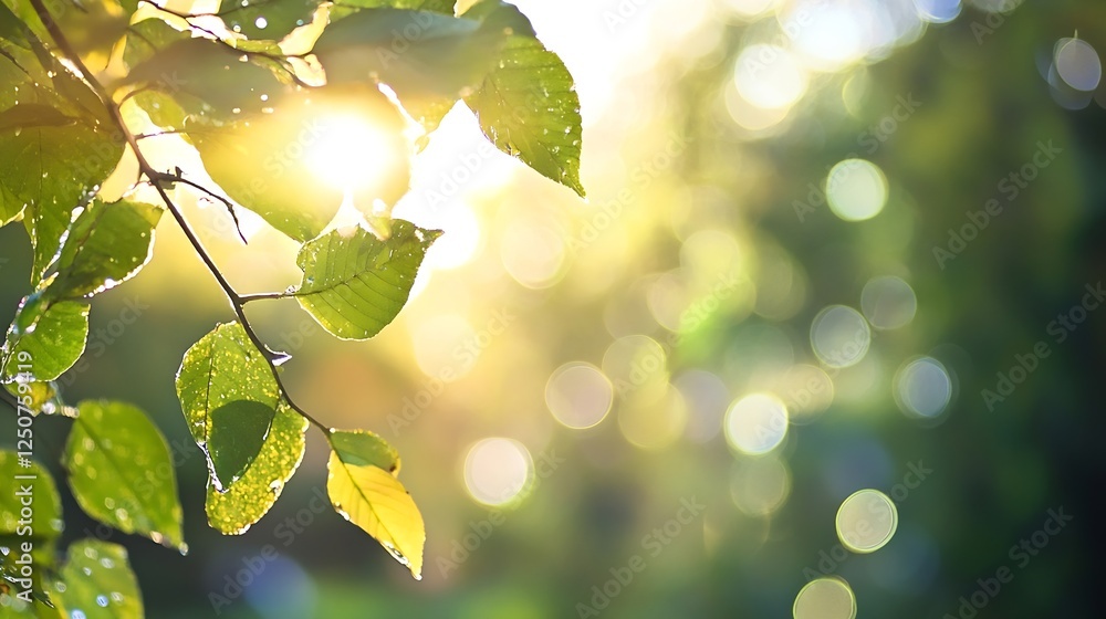 Aufkleber sunlit fresh green leaves with dew drops blurring into a beautiful natural background : generative a