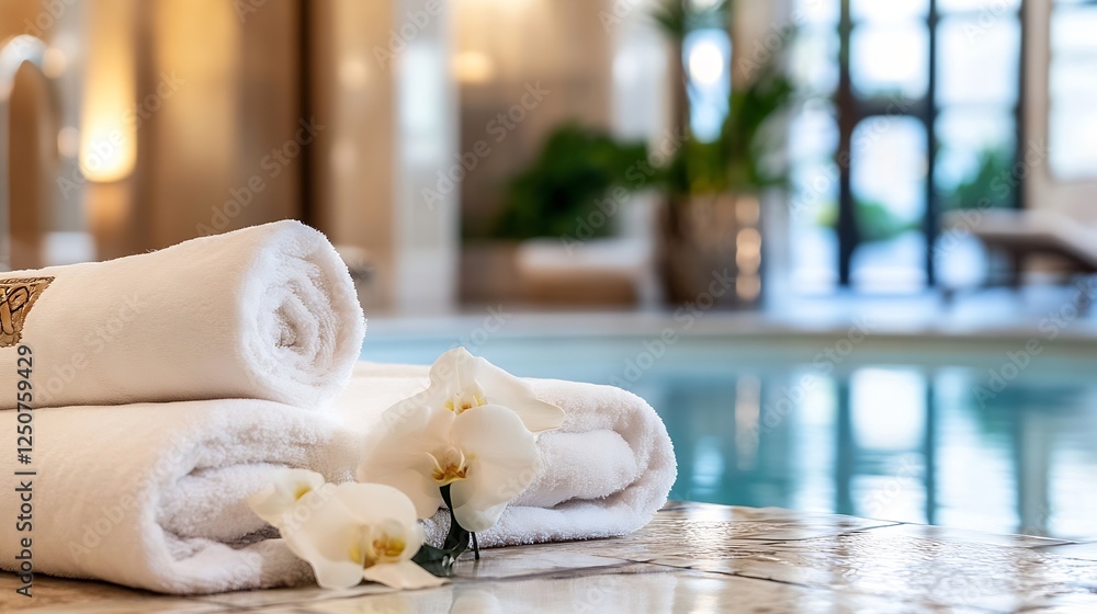 Poster spa setting with white rolled towels and delicate orchids near a tranquil swimming pool : generative
