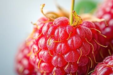 Vibrant red raspberry with natural texture against the white background.