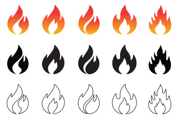 Fire icon set gradient, black, and outline vector collection, flame symbols, bonfire silhouettes, fire icons for design, logotypes, branding and graphic design resources, flat style stock vector