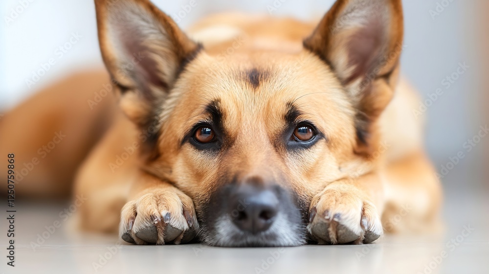 Poster closeup of a gentle dog relaxing on the floor with expressive eyes looking directly into the camera 