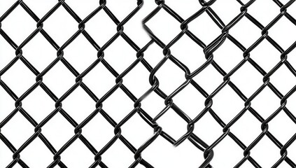 Torn black chain link fence isolated on white.