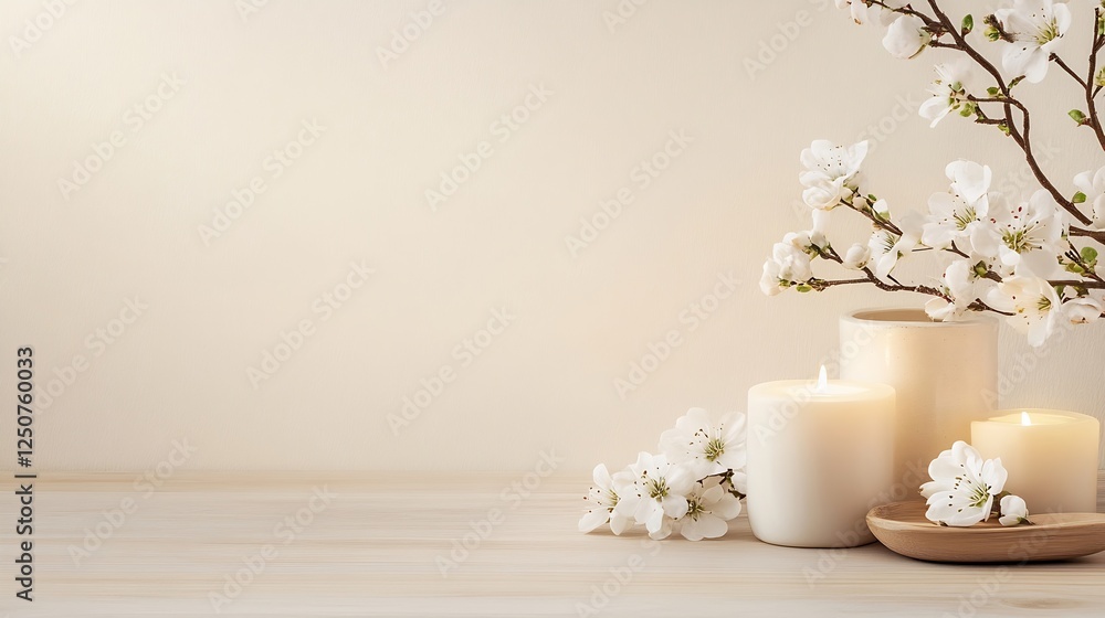 Poster serene arrangement of white candles and blossoming branches on a soft natural background : generativ