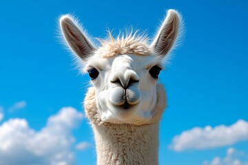 Obraz premium Portrait of a white alpaca under a clear blue sky, Chile tourism advertisement photograph