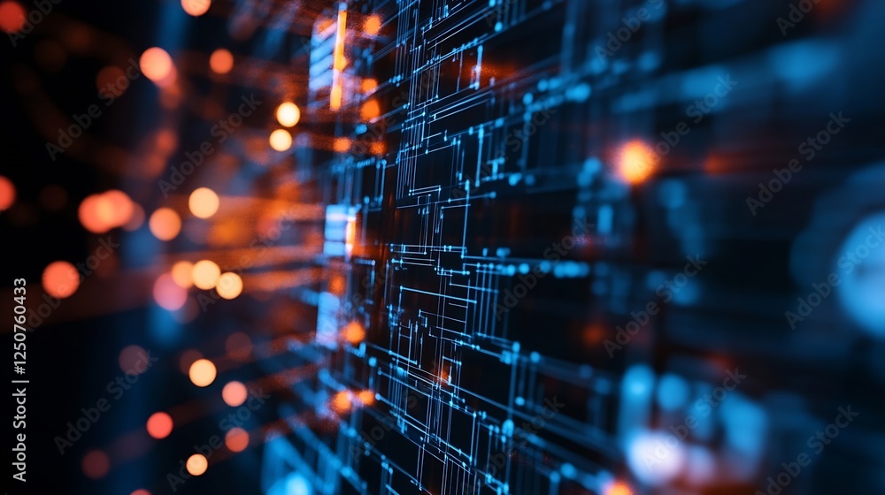 Aufkleber Abstract digital circuit board with glowing blue and orange lights showcasing high technology visuals : Generative AI