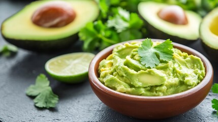 Obraz premium Fresh Ingredients Including Avocado and Lime in a Bowl of Guacamole Ready for a Delicious Meal : Generative AI