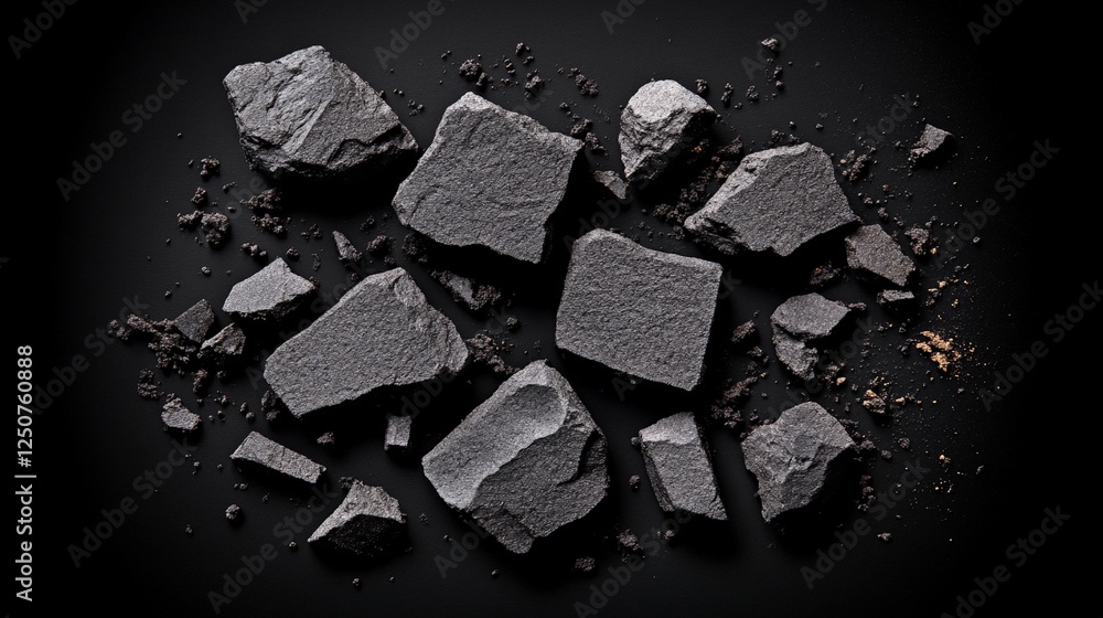 Poster charcoal on black: a collection of charcoal fragments arranged on a stark black surface, creating a 