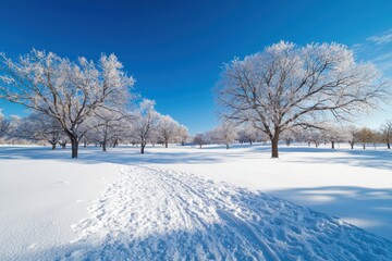 Obraz premium Glistening snow-blanketed trees under bright winter sunlight eye-level perspective nature photography serene landscape