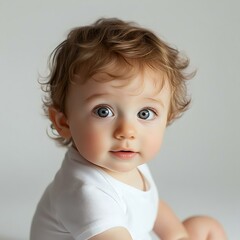 Naklejka premium Adorable baby with curly hair and bright blue eyes, wearing a plain white onesie, sitting against a soft background, invoking innocence and joy.