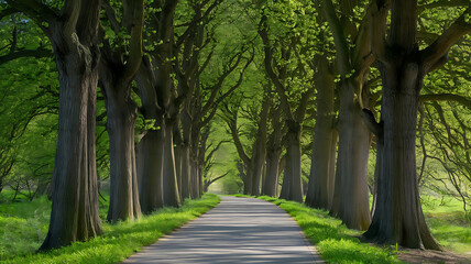 Walkway in a green spring beech forest in Beautiful natural tunnel