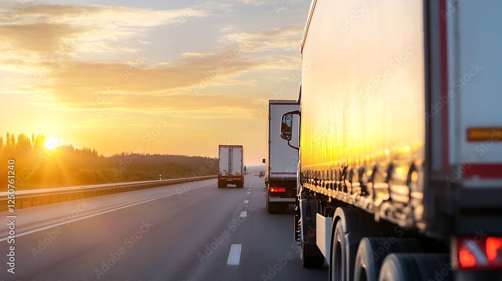 Aufkleber trucks driving on a highway at sunset reflecting the journey of transportation and logistic operatio
