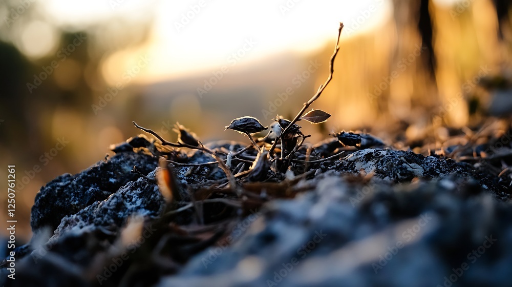 Poster closeup of fragile plant growth emerging from rocky terrain illuminated by golden sunlight : generat