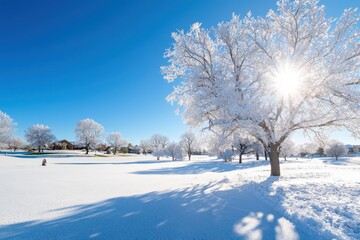 Fototapeta premium Winter sunlight illuminates snow-blanketed trees eye-level photography nature landscape serene environment