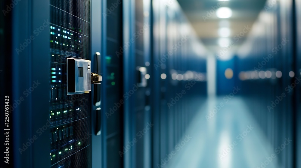 Poster HighTech Data Center Aisle with Server Racks and LED Indicators in a Modern Facility : Generative AI
