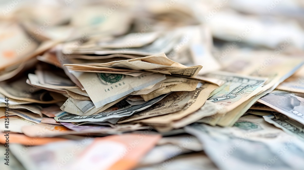 Aufkleber close up view of an extensive collection of various currencies piled together on a surface : generat