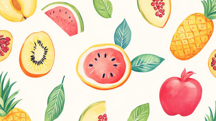 Fresh fruits recipe or kitchen cooking note template. Vector design of farm harvest watermelon, peach and tropical pineapple or exotic kiwi, apricot or apple and pomegranate and melon or plum