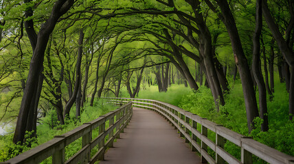Walkway in a green spring beech forest in Beautiful natural tunnel