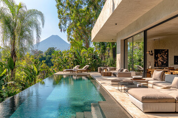 Fototapeta premium Infinity pool overlooking volcano in tropical garden