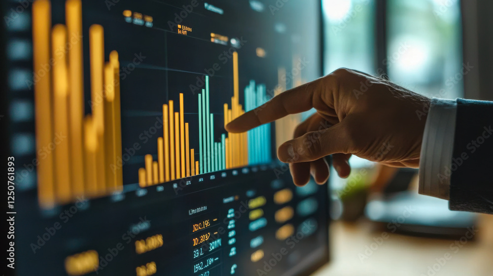 Poster hand pointing at colorful data visualization on a computer screen in a modern office setting during 