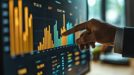 Hand pointing at colorful data visualization on a computer screen in a modern office setting during work hours