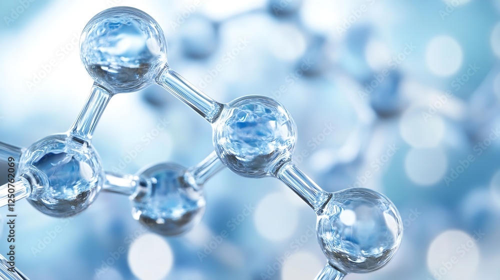 Aufkleber closeup view of molecular structure with water bubbles and soft blue background : generative ai