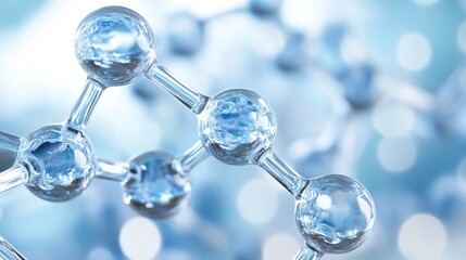 Closeup view of molecular structure with water bubbles and soft blue background : Generative AI
